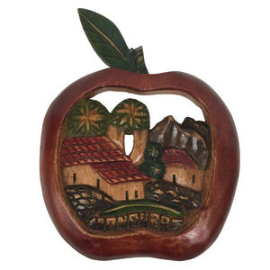 Honduras Village Scene Wood Carved Plaque Apple Shaped Handcrafted Folk Art 9.5"